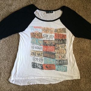 Baseball tee with vintage license plate design